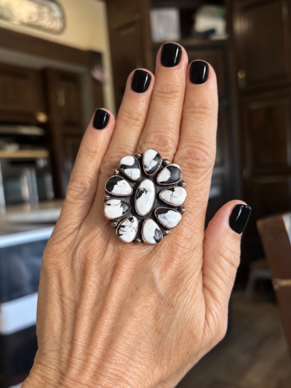 Big White Buffalo Turquoise Cluster Ring set in Copper